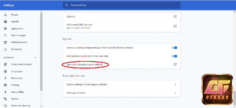 Mở phần settings để có thể thay đổi cài đặt proxy trong trình duyệt web CFUN68